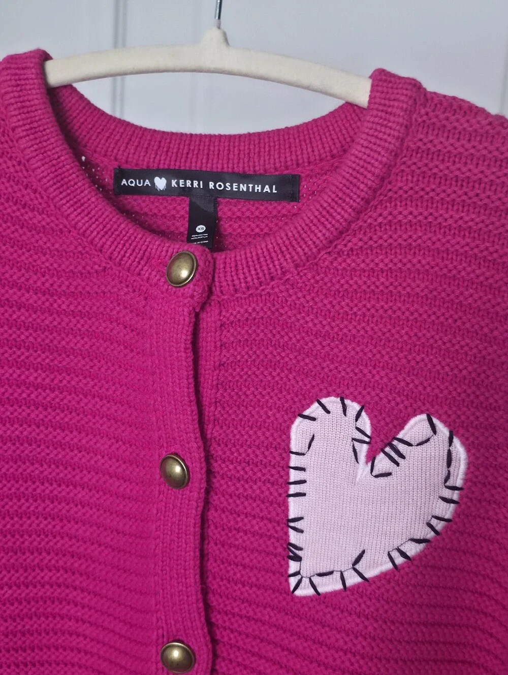 AQUA x Kerri Rosenthal Heart Patch Cardigan - Exclusive, XS, Pink, Cropped Knit